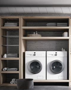 Buanderie sur mesure avec plan de travail, rangement pour linge propre et sale, bac et table à repasser intégrée escamotable