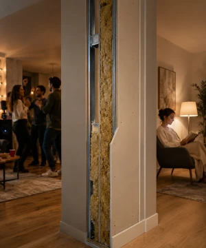 Atténuation des transmissions sonores entre pièces existantes grâce à une solution de menuiserie sur mesure.