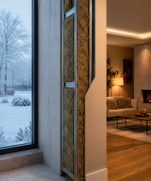 Coupe illustrant une solution standard d’architecture intérieure avec ossature métallique ou bois et isolant en laine de roche ou laine de bois.